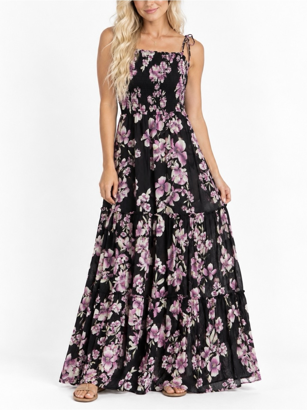 Free People Garden Party Floral Smocked Tiered Maxi Dress Black Pink M